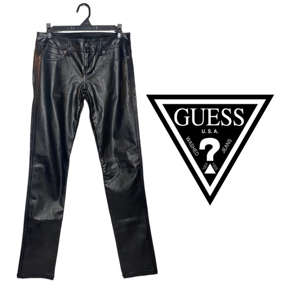 Guess Pants - 3- Guess Y2K Women's Black Faux Leather Straight Leg Pants Guess Jeans 1981